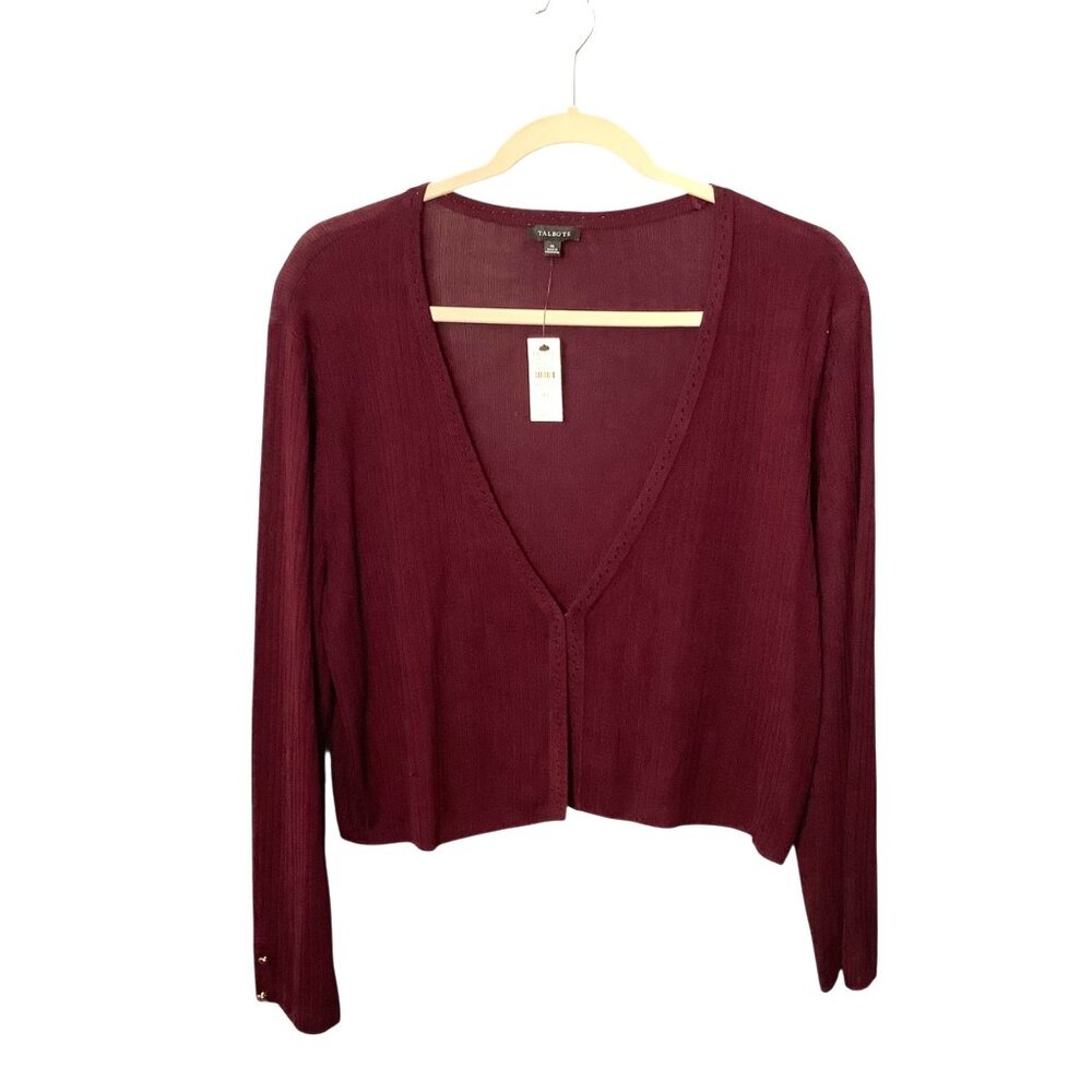 Talbots Womens Maroon V-Neck Ribbed Cardigan Sweater Lightweight Hook Close NWT